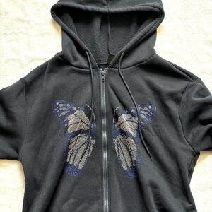Dark Blue Butterfly Rhinestone Zip Up Jacket BARLEY WORN Size Medium
